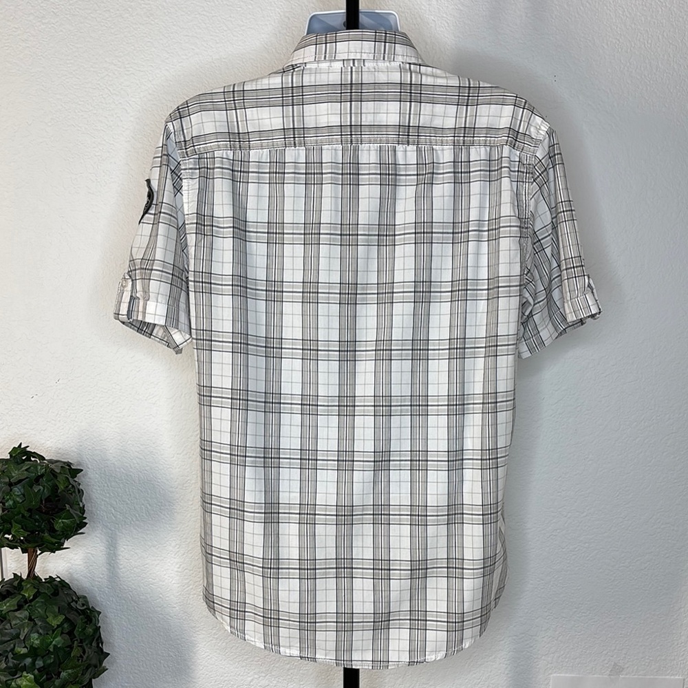 American Rag Plaid Button Down Shirt Casual White Gray Large Patch Details - Picture 8 of 9